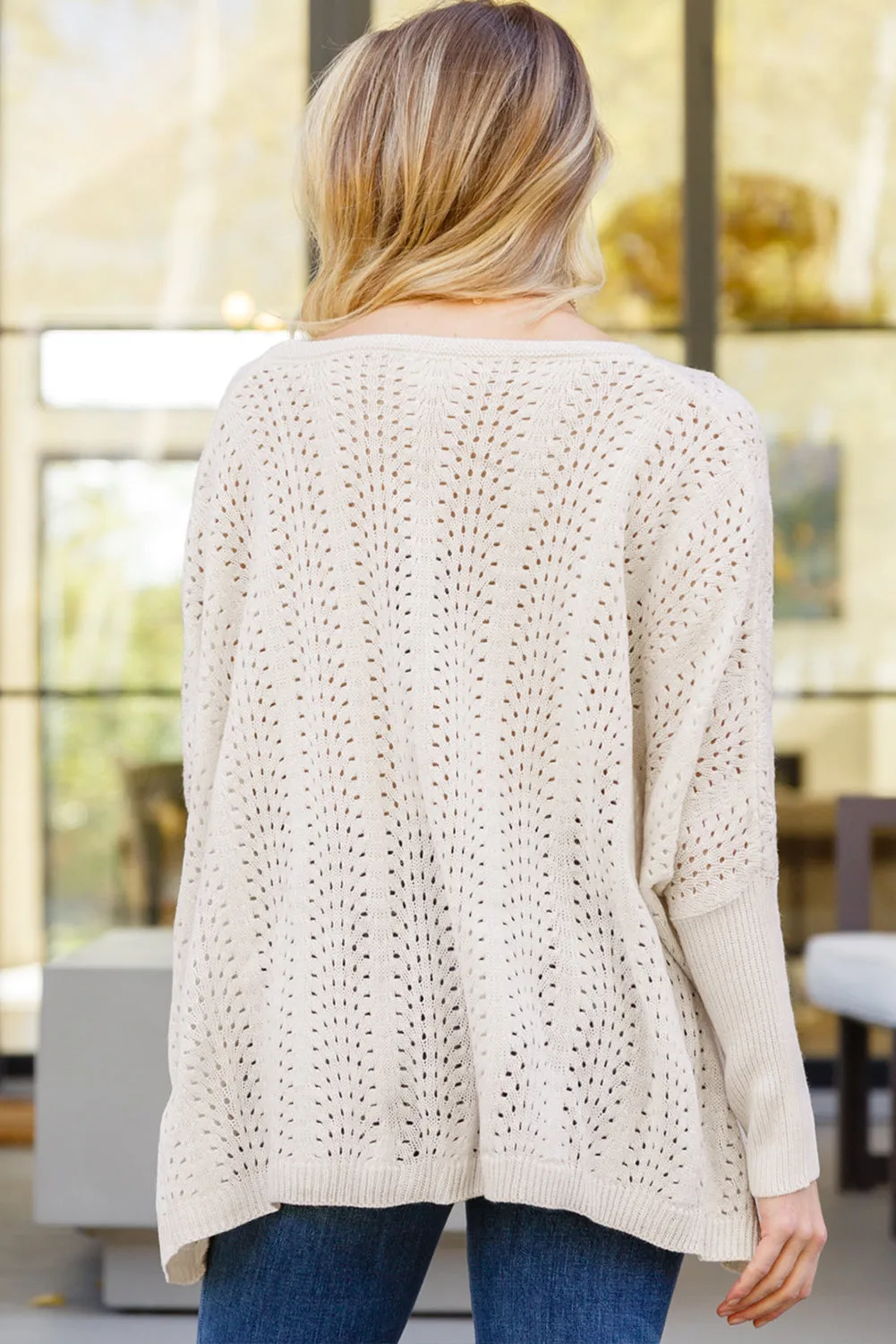 💫 Beige Eyelet Batwing Sleeve Knit Sweater: Because You Deserve to Look This Good, Even When You’re in Full “I Have No Idea What I’m Doing” Mode 💫