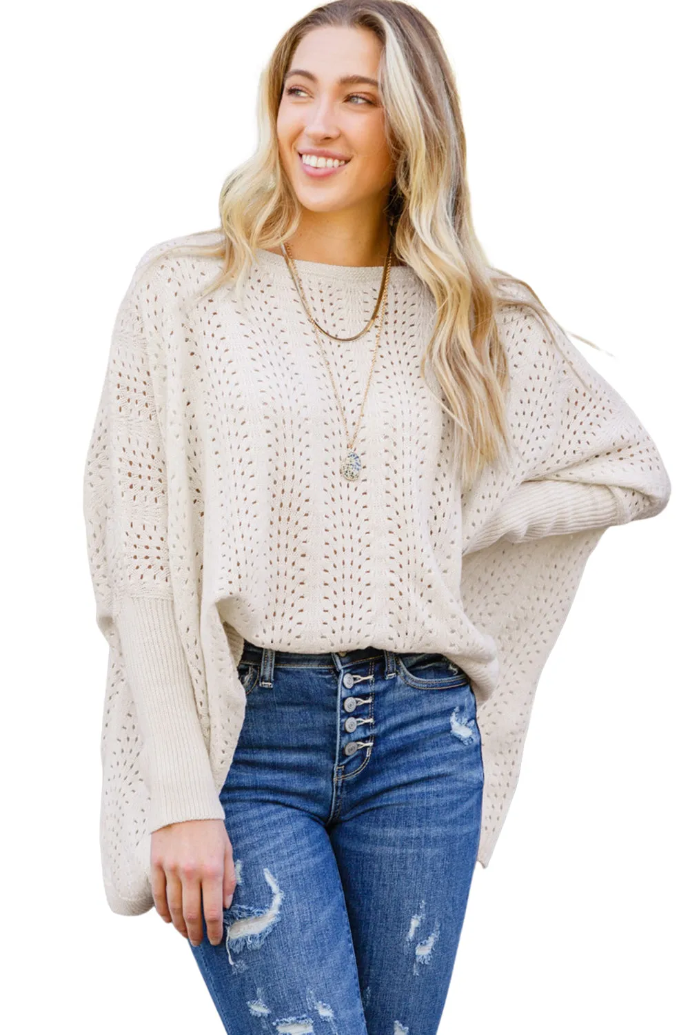 💫 Beige Eyelet Batwing Sleeve Knit Sweater: Because You Deserve to Look This Good, Even When You’re in Full “I Have No Idea What I’m Doing” Mode 💫