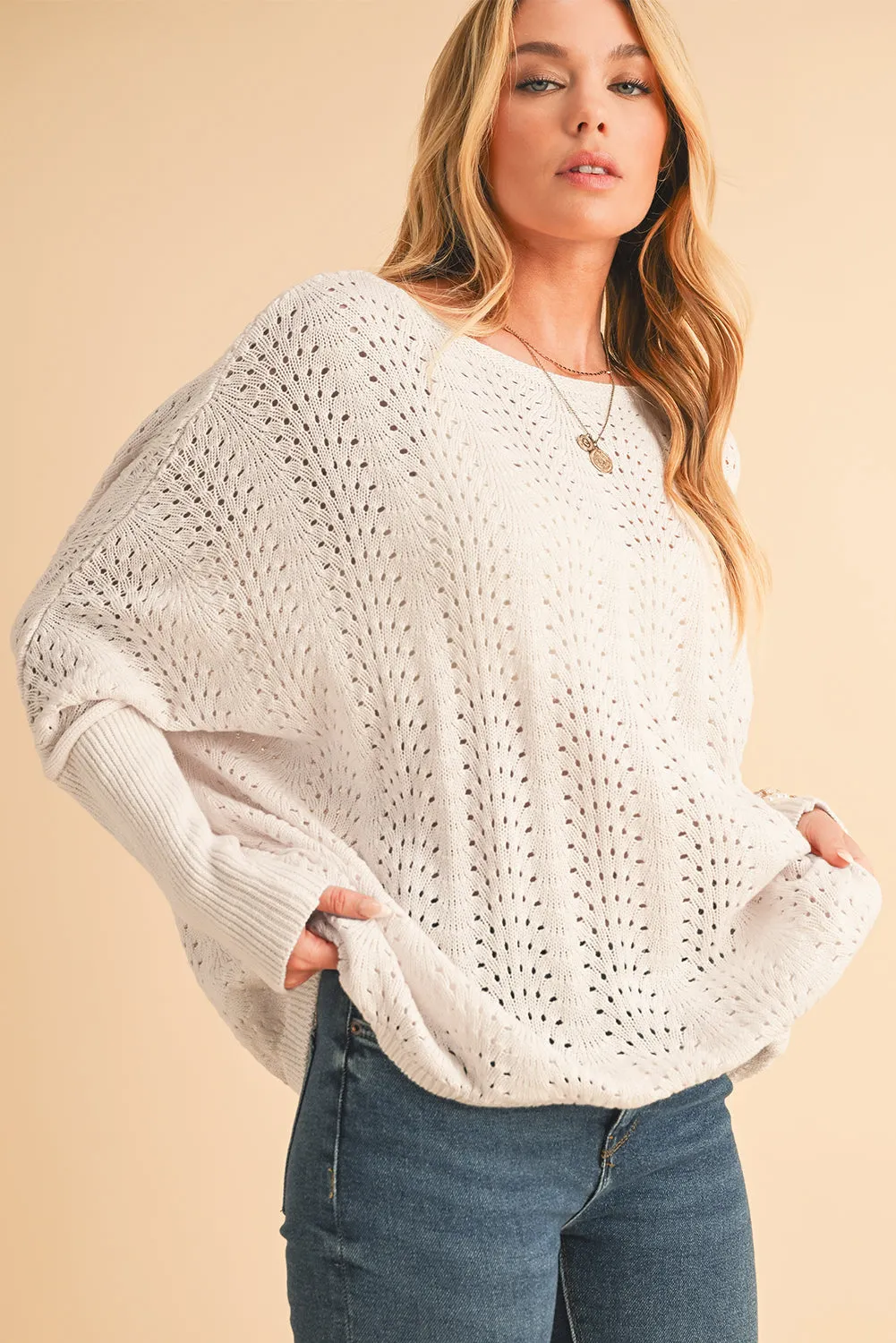 💫 Beige Eyelet Batwing Sleeve Knit Sweater: Because You Deserve to Look This Good, Even When You’re in Full “I Have No Idea What I’m Doing” Mode 💫