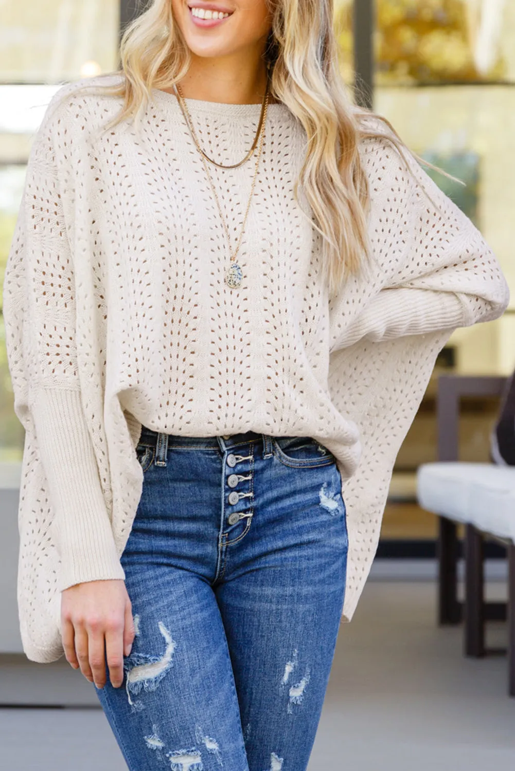 💫 Beige Eyelet Batwing Sleeve Knit Sweater: Because You Deserve to Look This Good, Even When You’re in Full “I Have No Idea What I’m Doing” Mode 💫