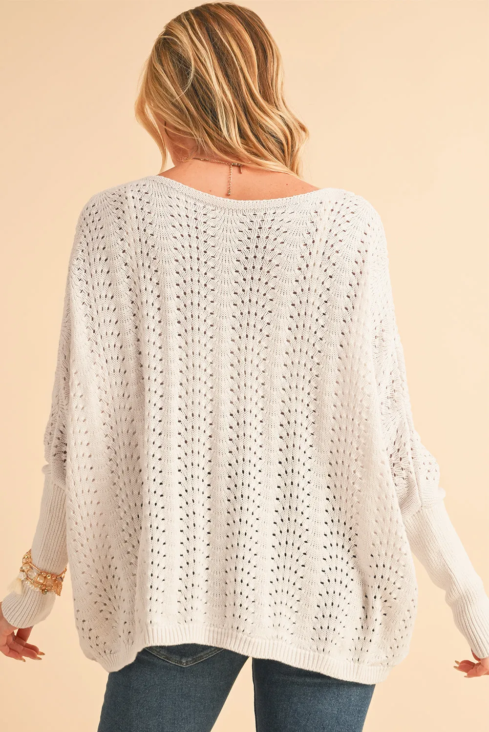 💫 Beige Eyelet Batwing Sleeve Knit Sweater: Because You Deserve to Look This Good, Even When You’re in Full “I Have No Idea What I’m Doing” Mode 💫