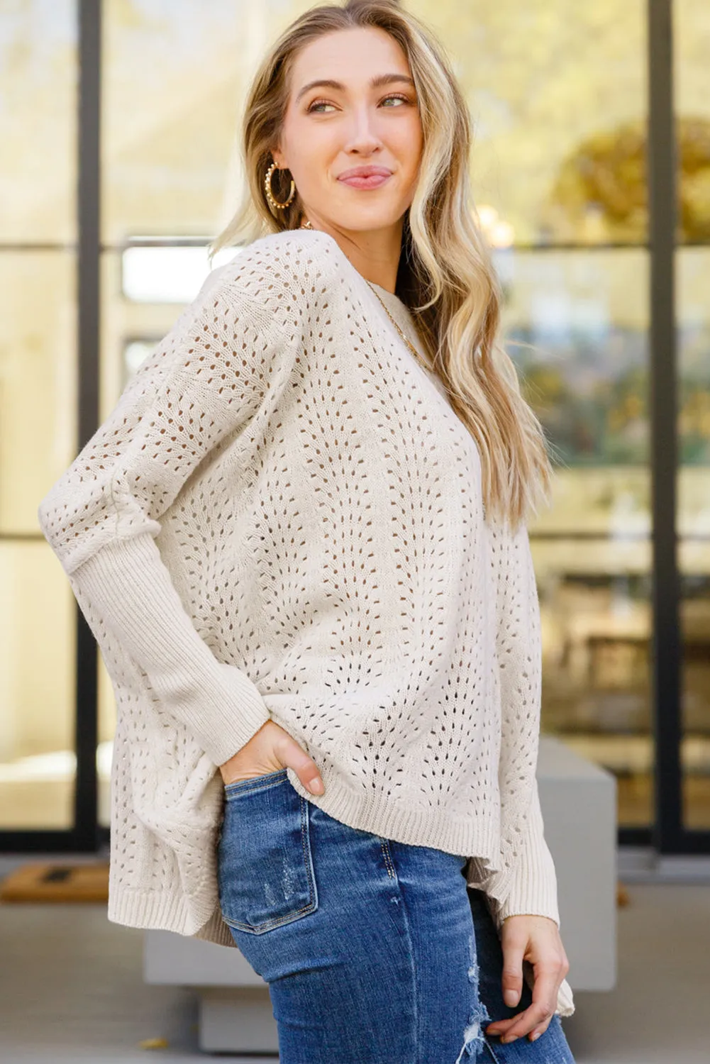 💫 Beige Eyelet Batwing Sleeve Knit Sweater: Because You Deserve to Look This Good, Even When You’re in Full “I Have No Idea What I’m Doing” Mode 💫