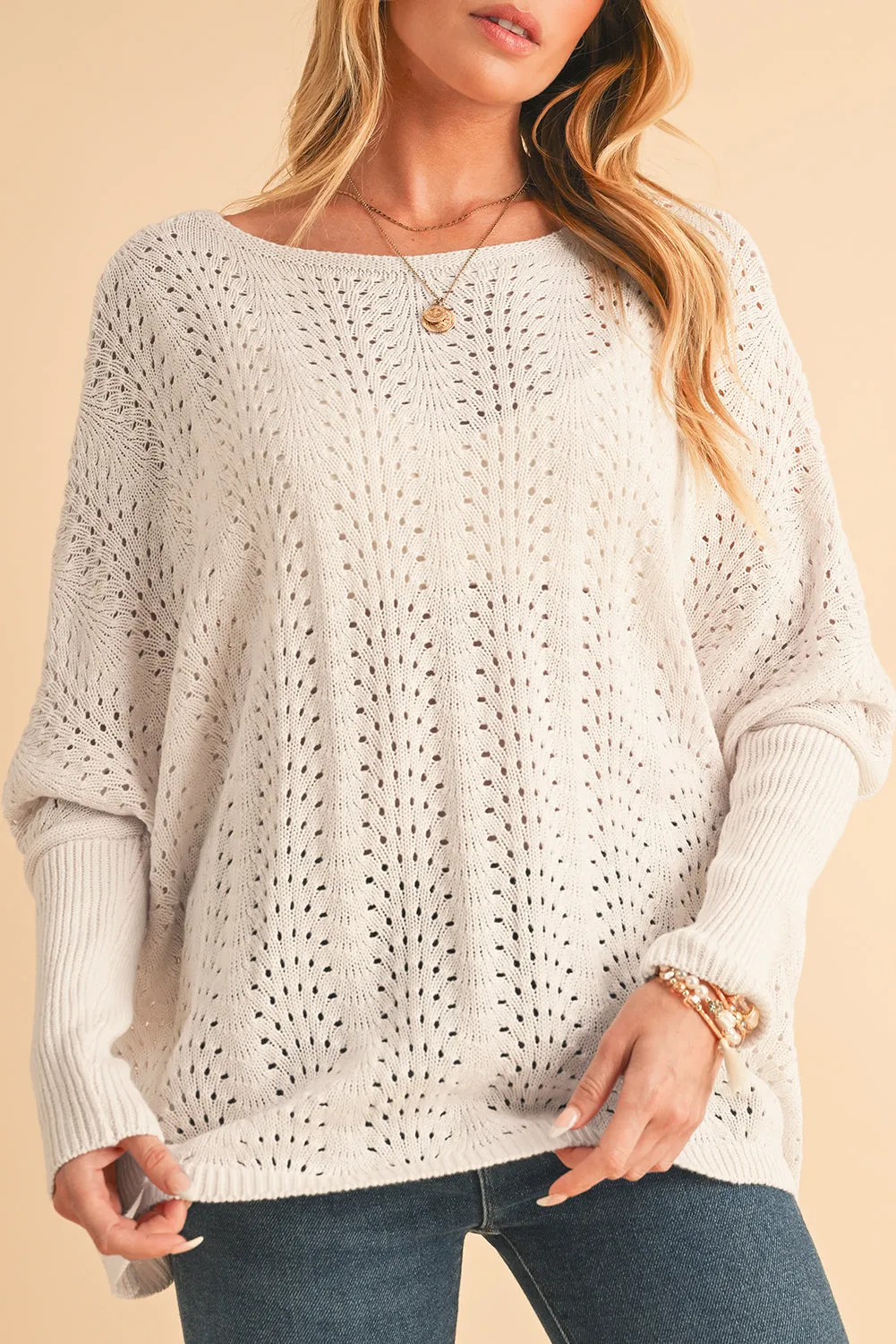 💫 Beige Eyelet Batwing Sleeve Knit Sweater: Because You Deserve to Look This Good, Even When You’re in Full “I Have No Idea What I’m Doing” Mode 💫