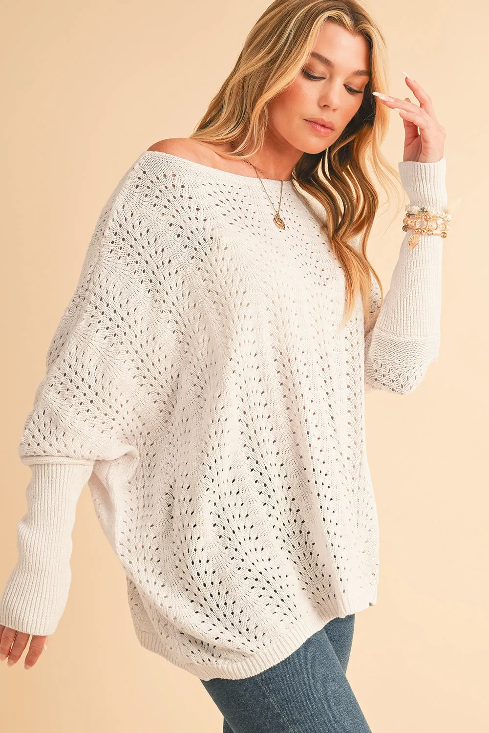 💫 Beige Eyelet Batwing Sleeve Knit Sweater: Because You Deserve to Look This Good, Even When You’re in Full “I Have No Idea What I’m Doing” Mode 💫