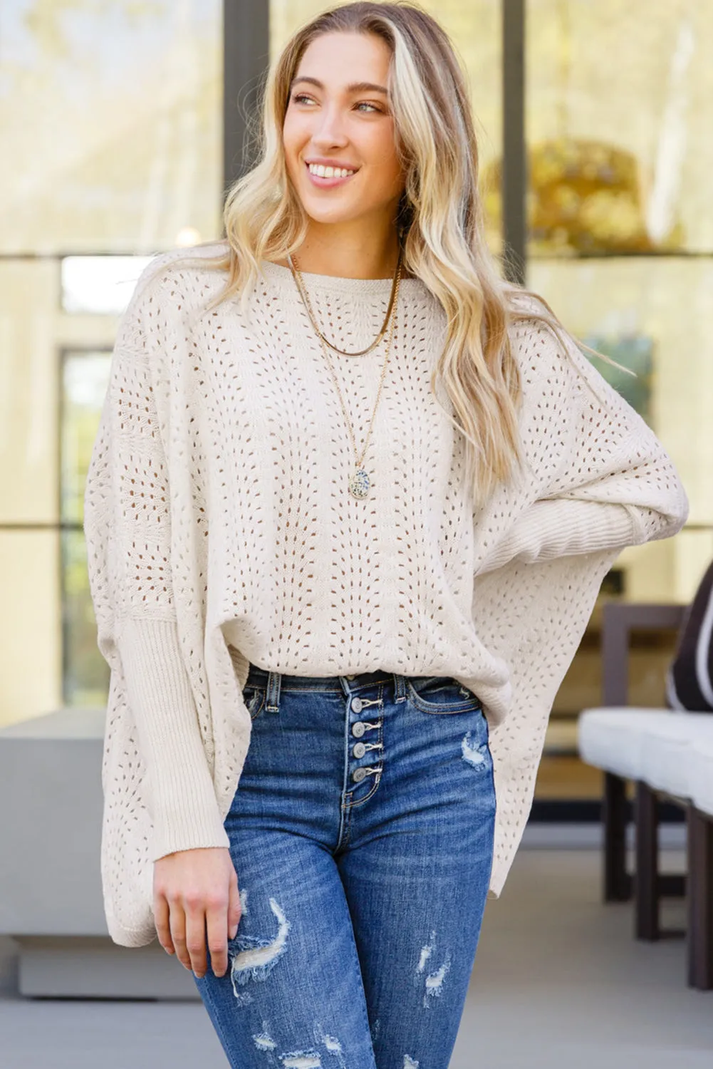 💫 Beige Eyelet Batwing Sleeve Knit Sweater: Because You Deserve to Look This Good, Even When You’re in Full “I Have No Idea What I’m Doing” Mode 💫