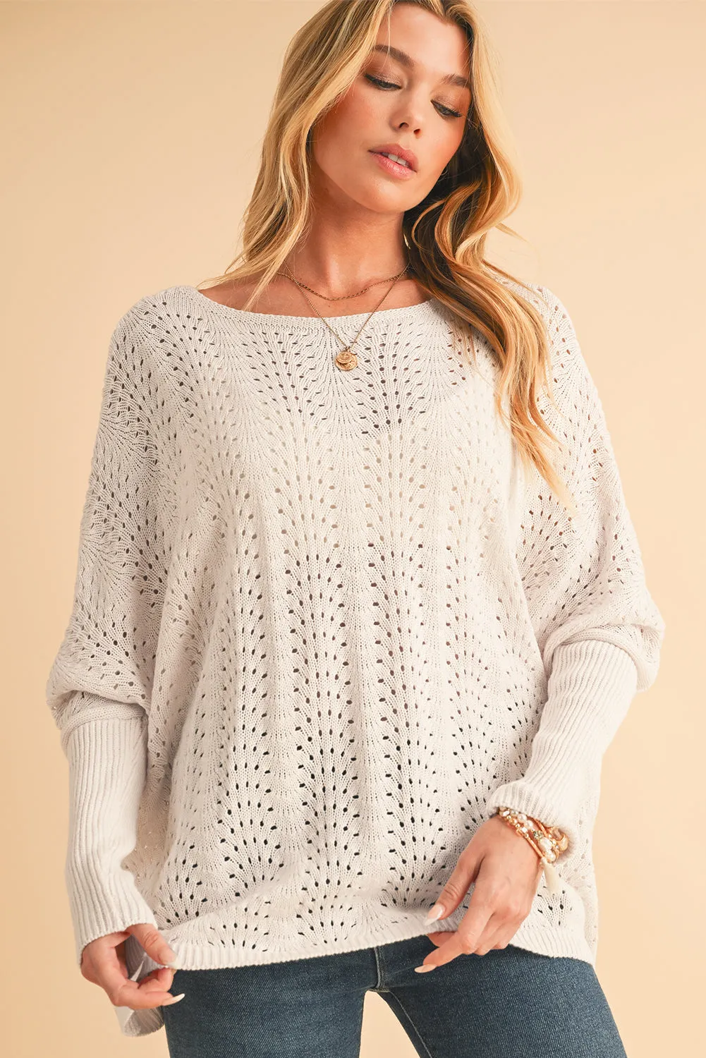 💫 Beige Eyelet Batwing Sleeve Knit Sweater: Because You Deserve to Look This Good, Even When You’re in Full “I Have No Idea What I’m Doing” Mode 💫