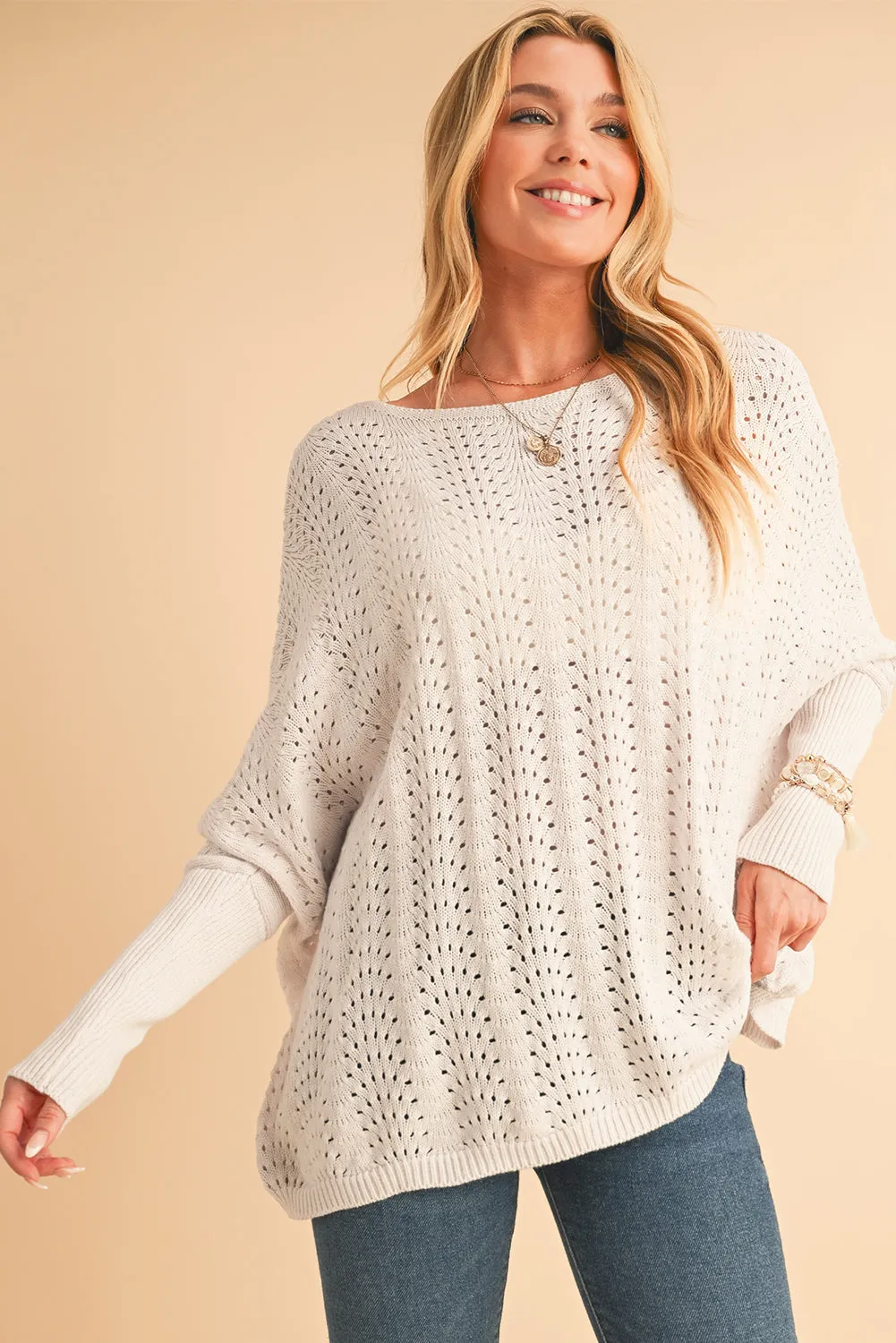 💫 Beige Eyelet Batwing Sleeve Knit Sweater: Because You Deserve to Look This Good, Even When You’re in Full “I Have No Idea What I’m Doing” Mode 💫