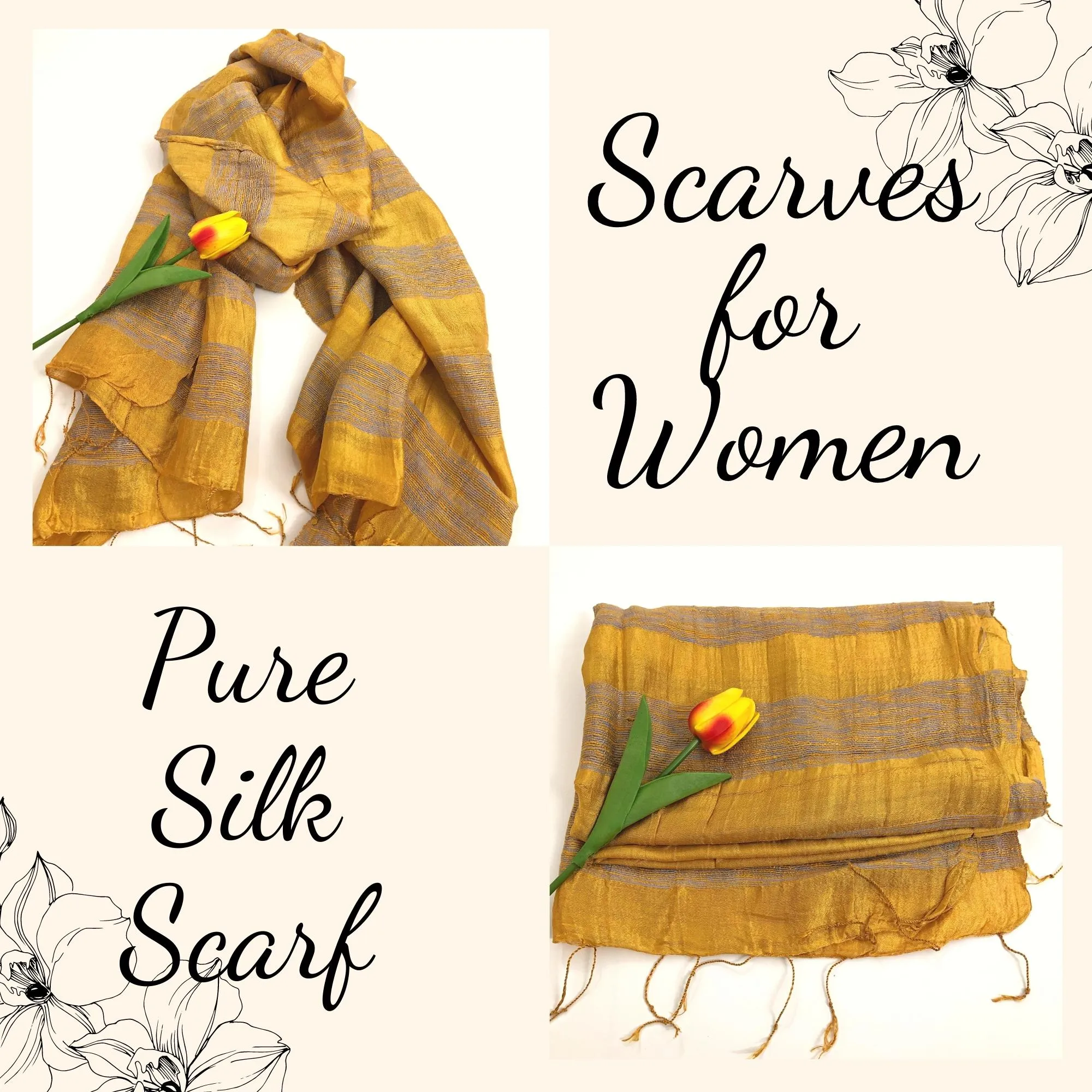 100% MULBERRY SILK SCARF - Pure mulberry silk - Long silk scarf - Women's Scarves - Fashion Scarf - Luxury Scarf - Gift for her - Yellow silk scarves