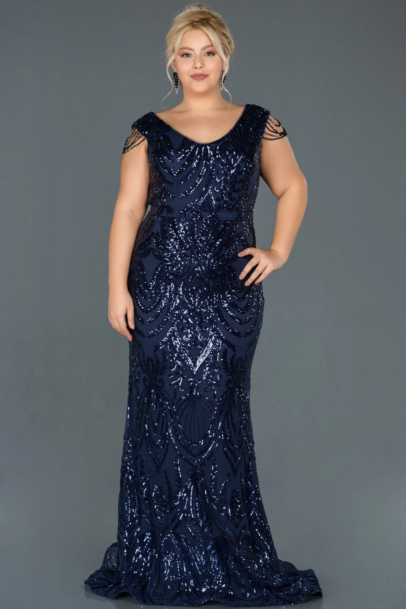 14694 Navy Blue Sequined Mermaid Dress