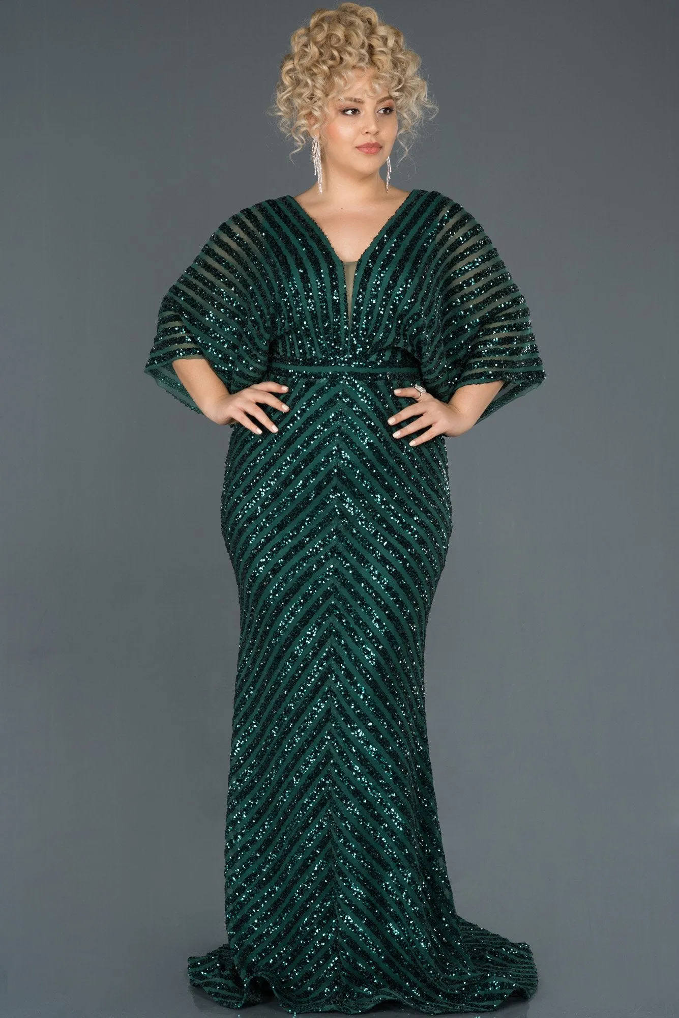 14747 Emerald Green Batwing Sequined Mermaid Dress