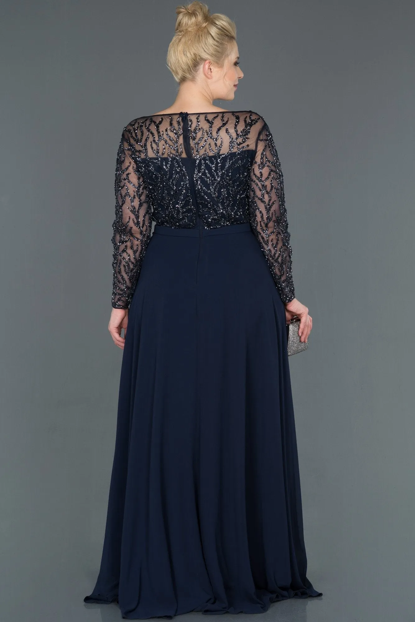 15736 Navy Blue Transparent Sequined Tulle Dress