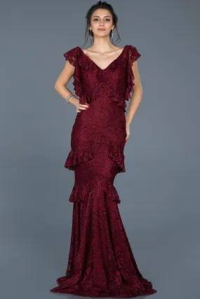 15797 Burgundy Tiered Sequined Lace Dress