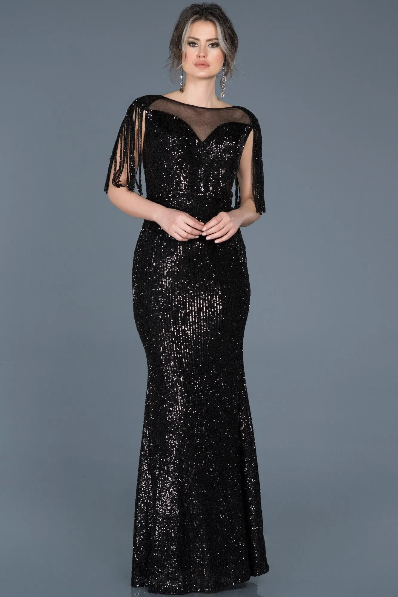 15800 Black Tassel Sleeve Sequined Dress