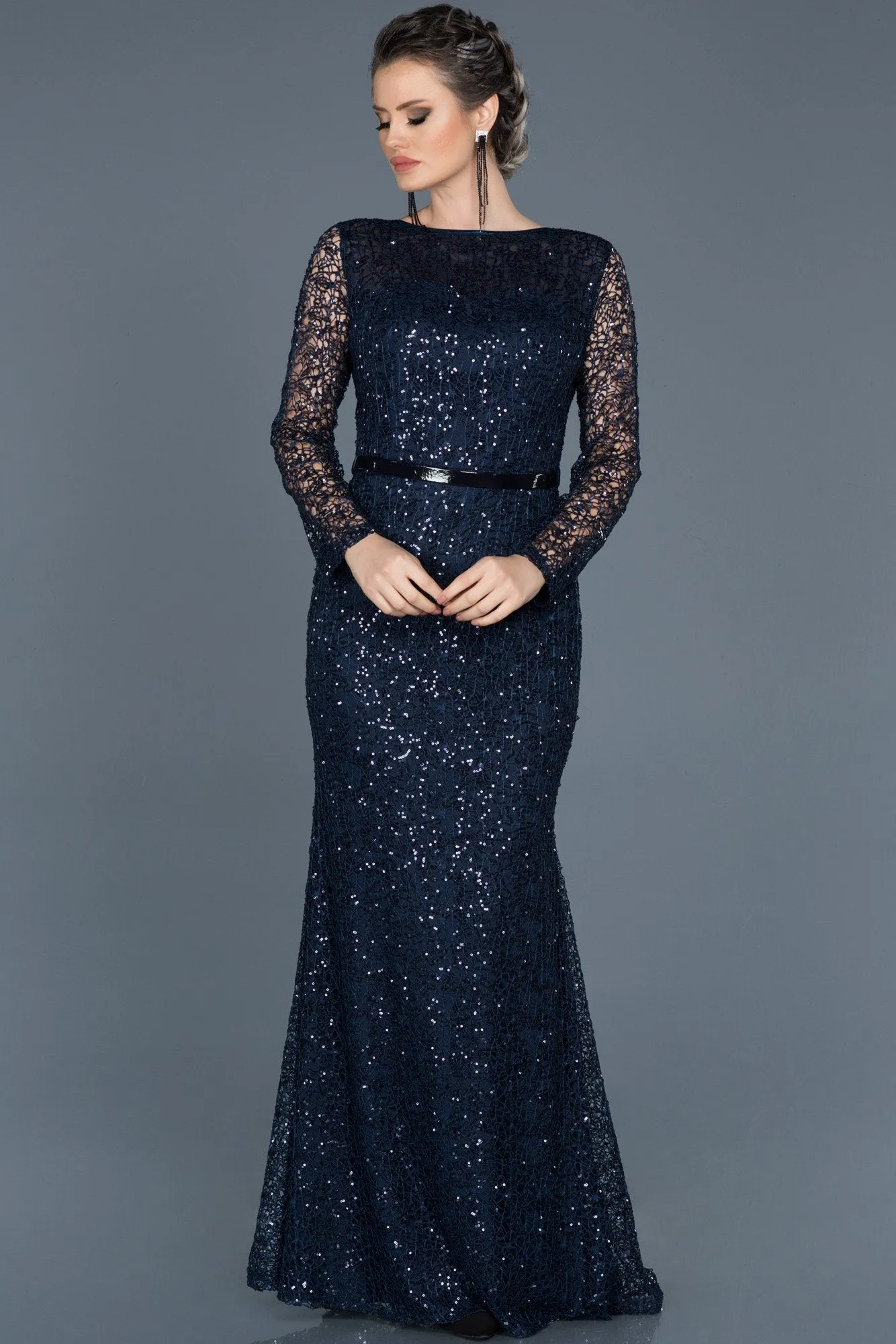 15803 Navy Blue Sequined Embroidered Lace Dress