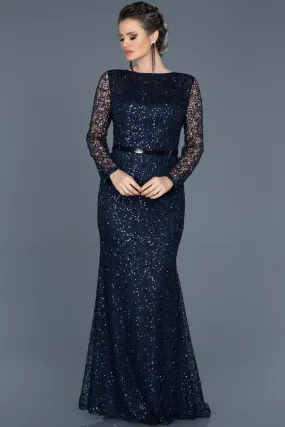 15803 Navy Blue Sequined Embroidered Lace Dress