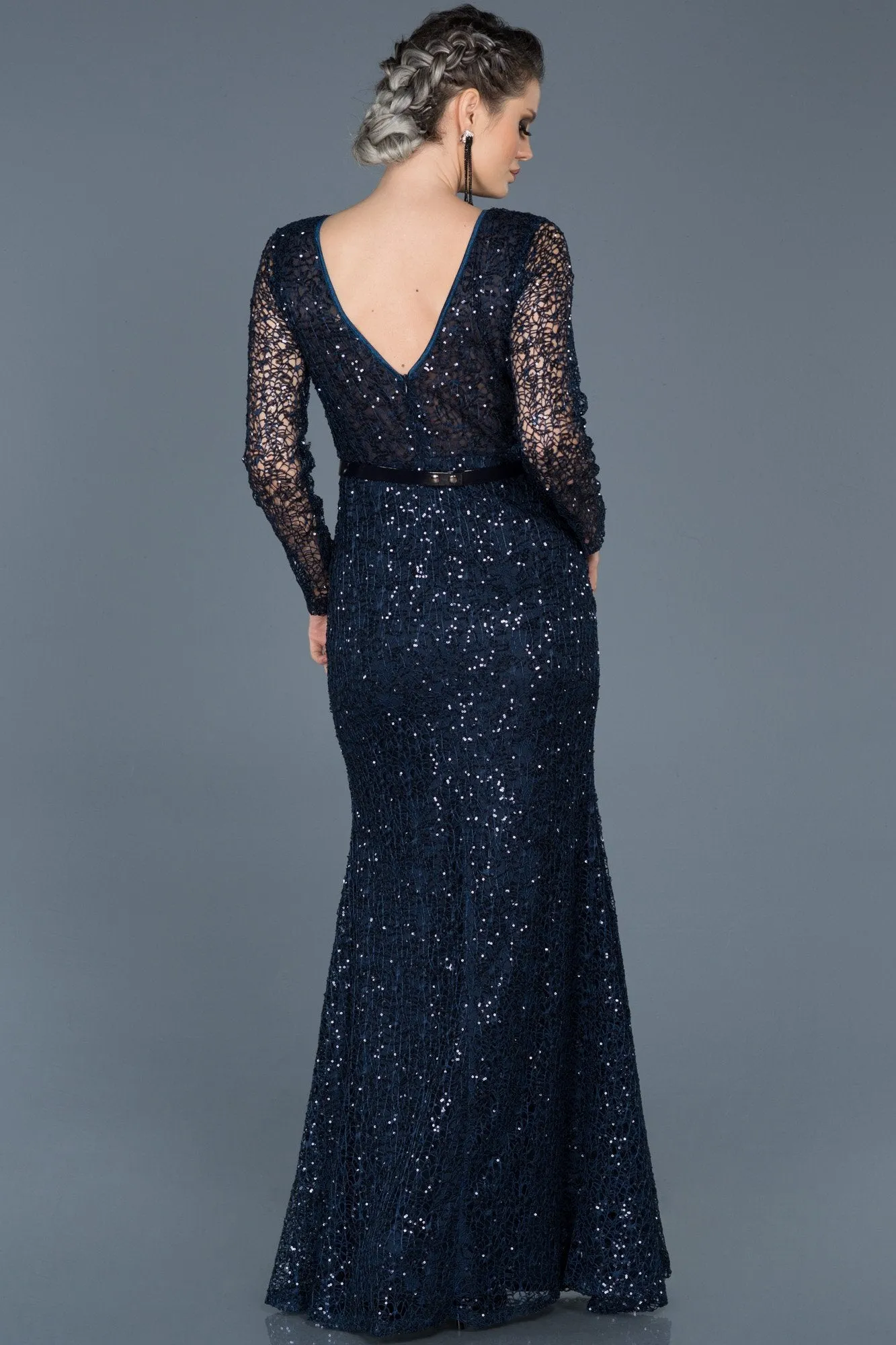 15803 Navy Blue Sequined Embroidered Lace Dress