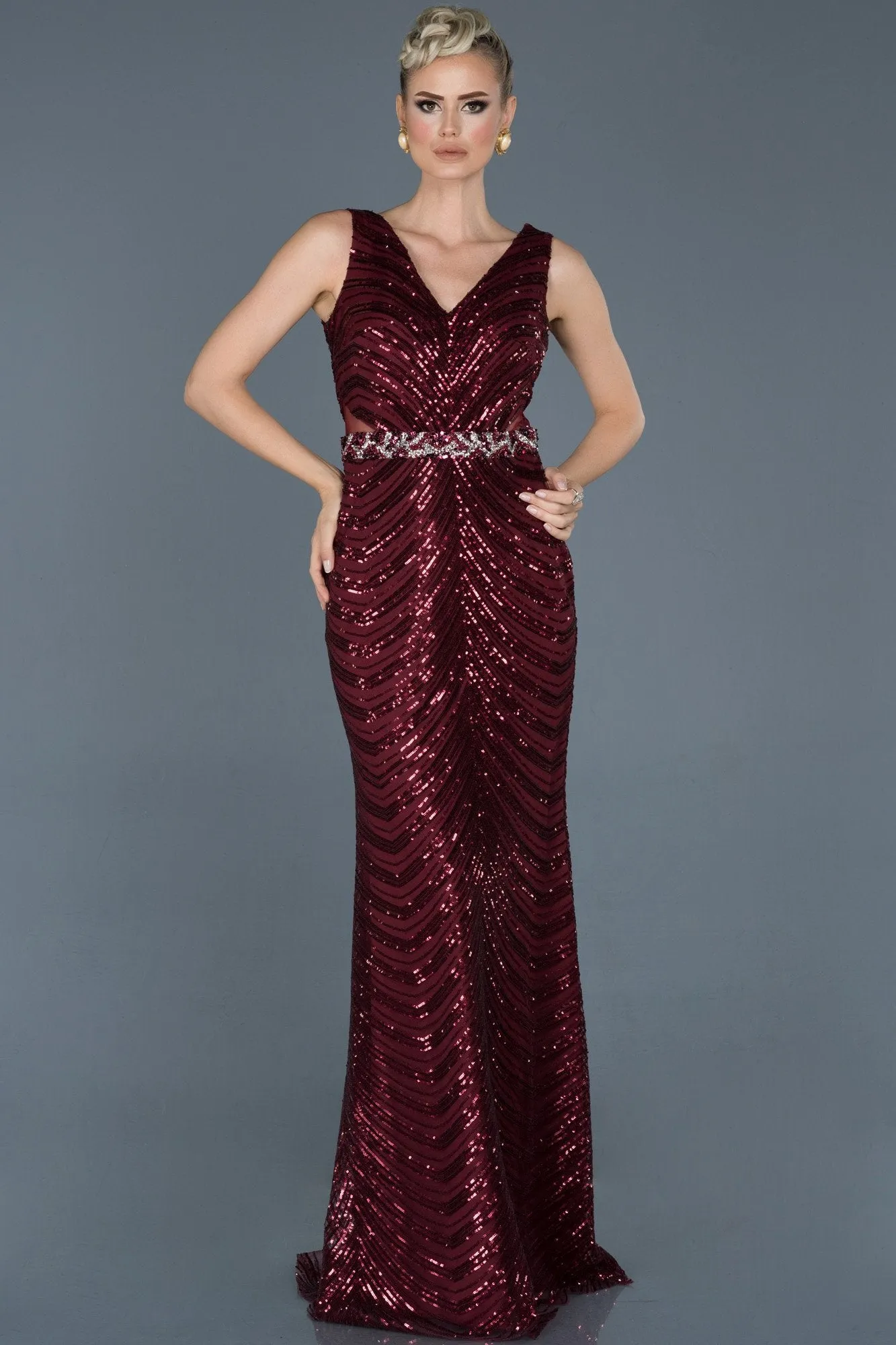 15986 Burgundy Sequined Evening Dress