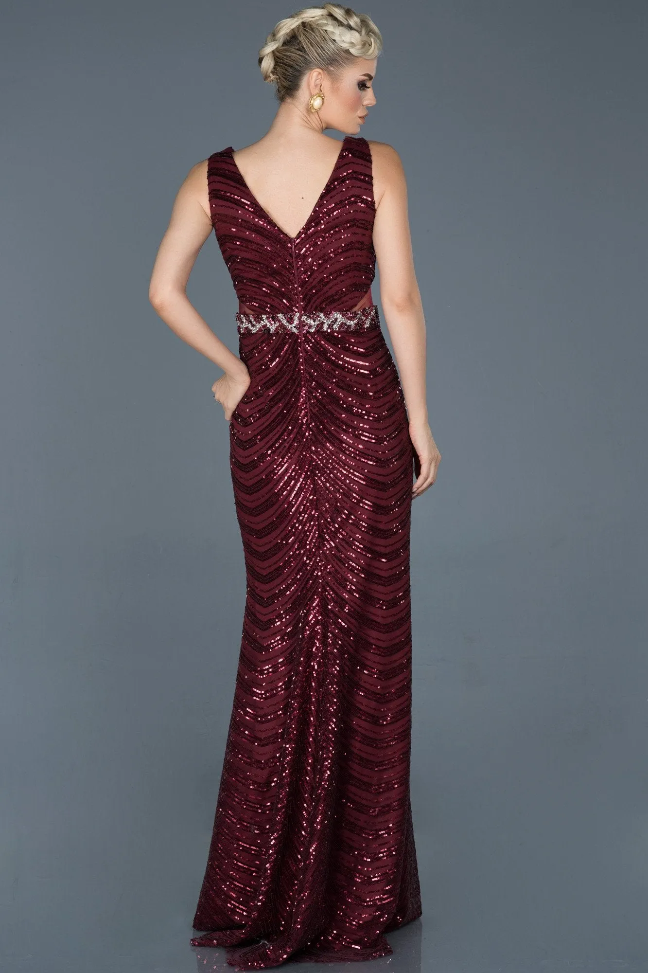 15986 Burgundy Sequined Evening Dress