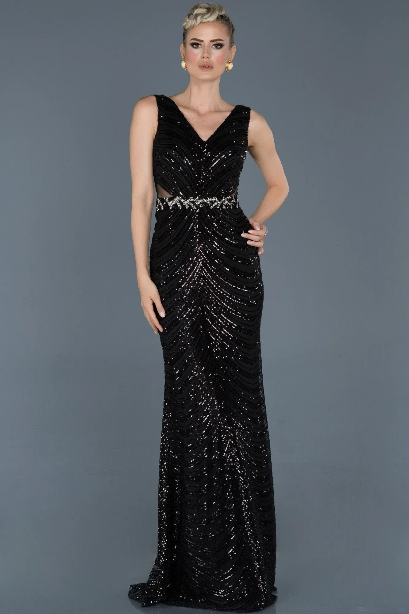 15988 Black Sequined Evening Dress