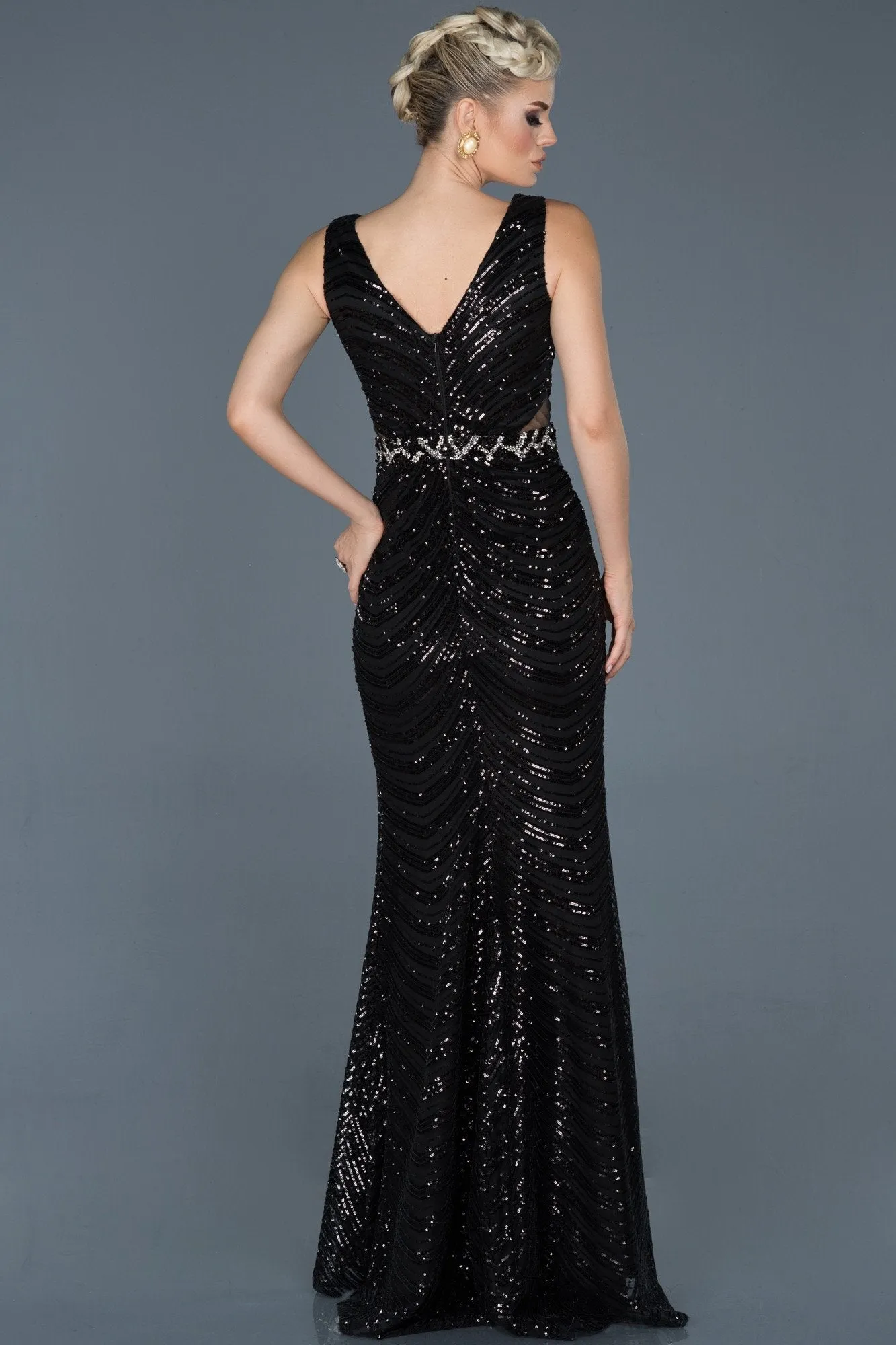 15988 Black Sequined Evening Dress