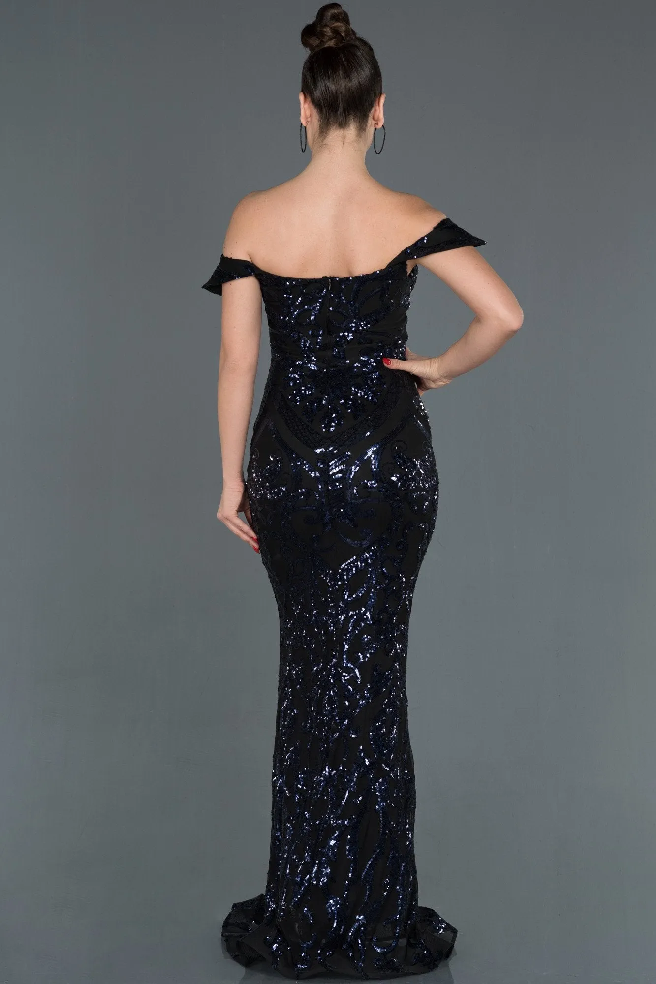 16002 Navy Blue Off-Shoulder Sequined Dress