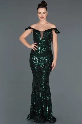 16003 Emerald Green Off-Shoulder Sequined Dress