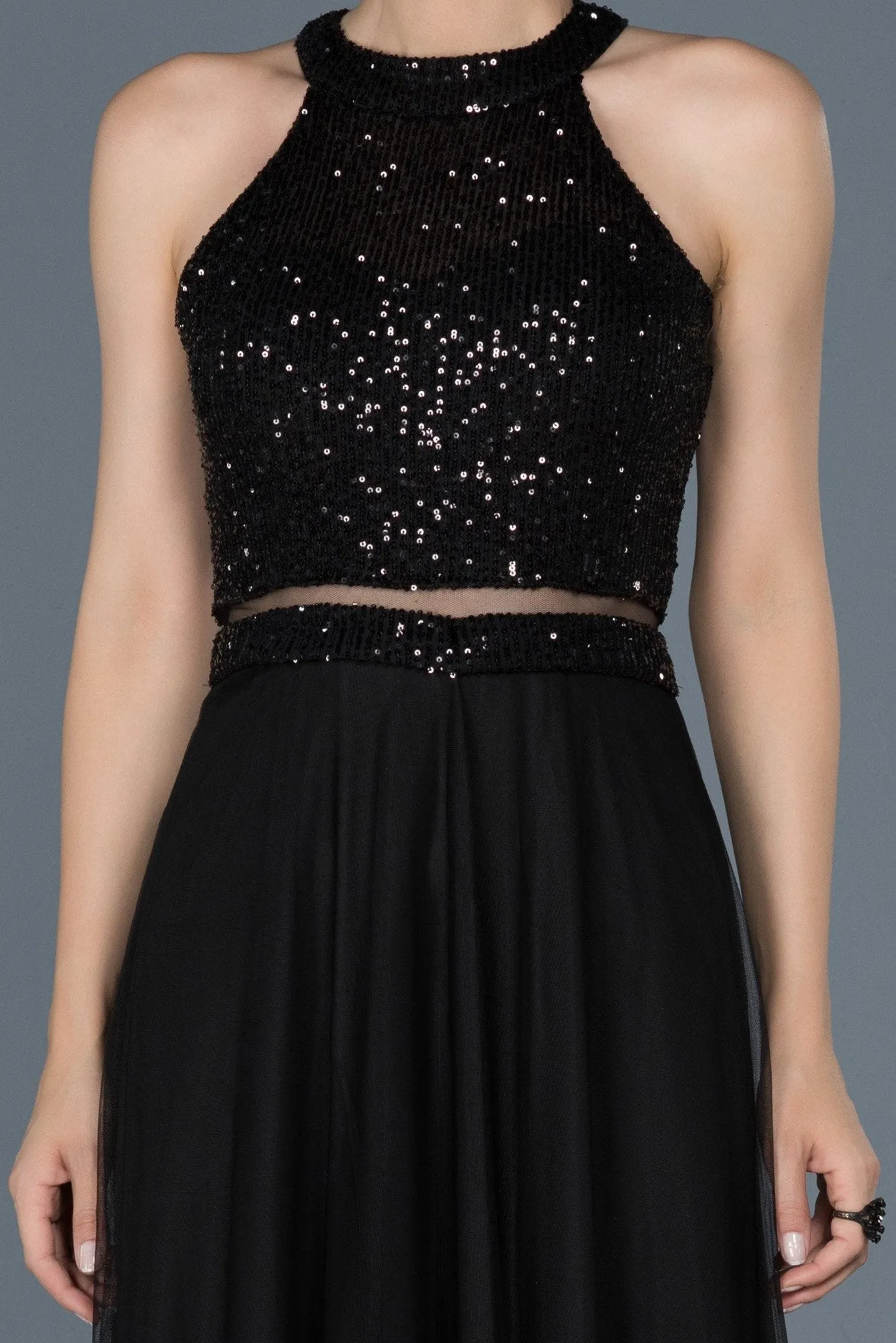 16004 Black Sequined Top Tulle Dress