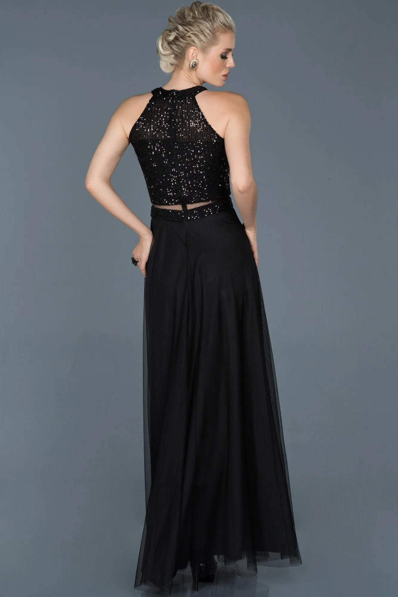 16004 Black Sequined Top Tulle Dress