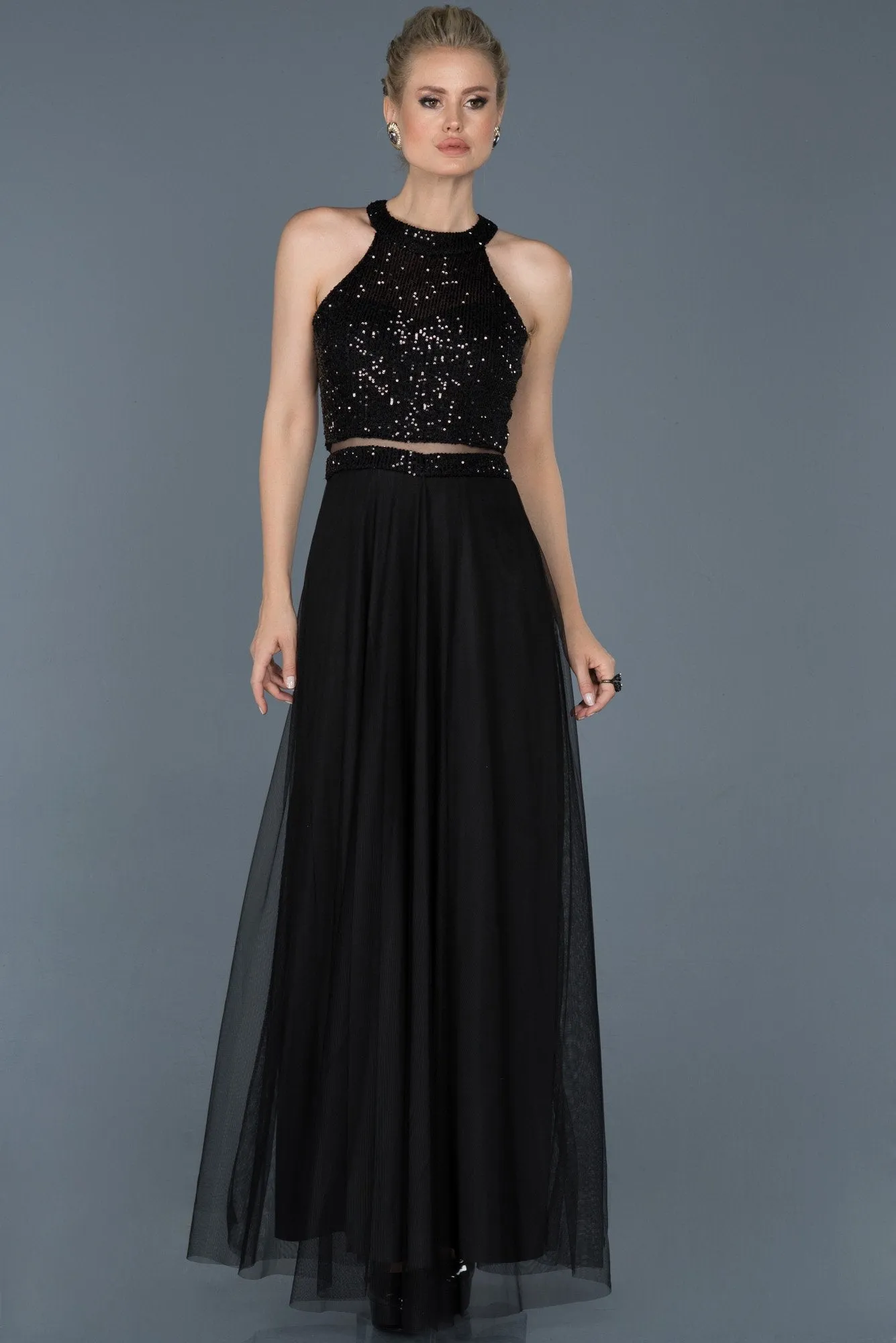 16004 Black Sequined Top Tulle Dress