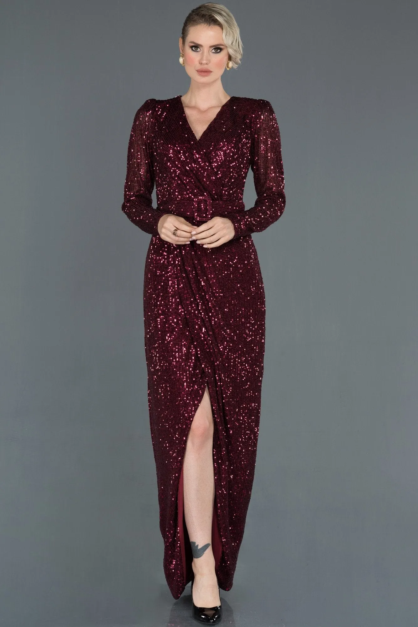 16039 Burgundy Draped Belted Sequined Dress