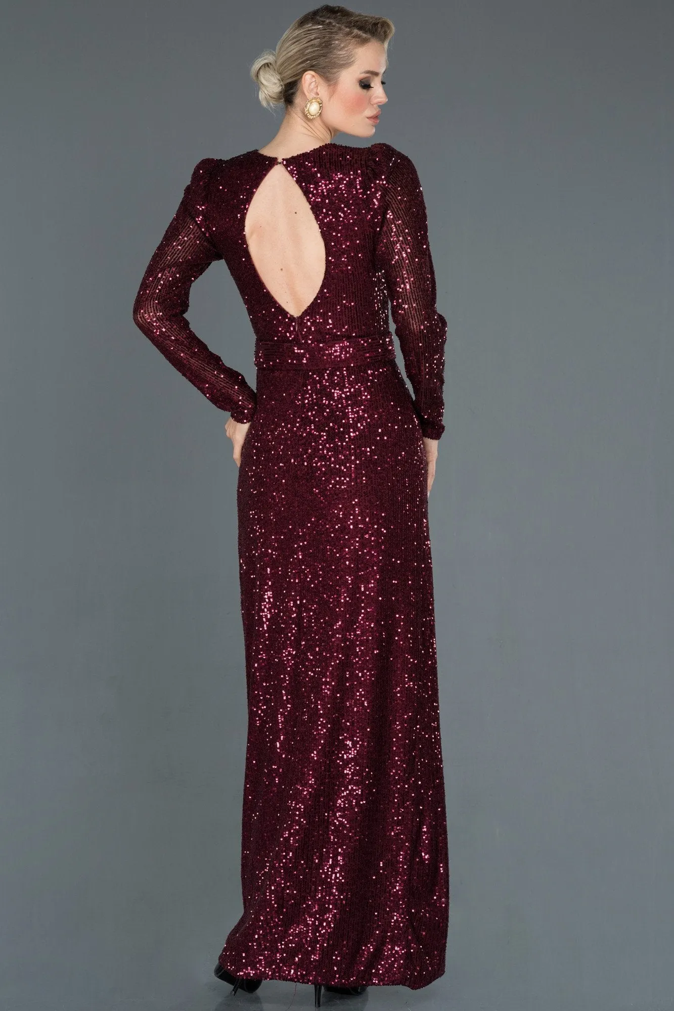 16039 Burgundy Draped Belted Sequined Dress