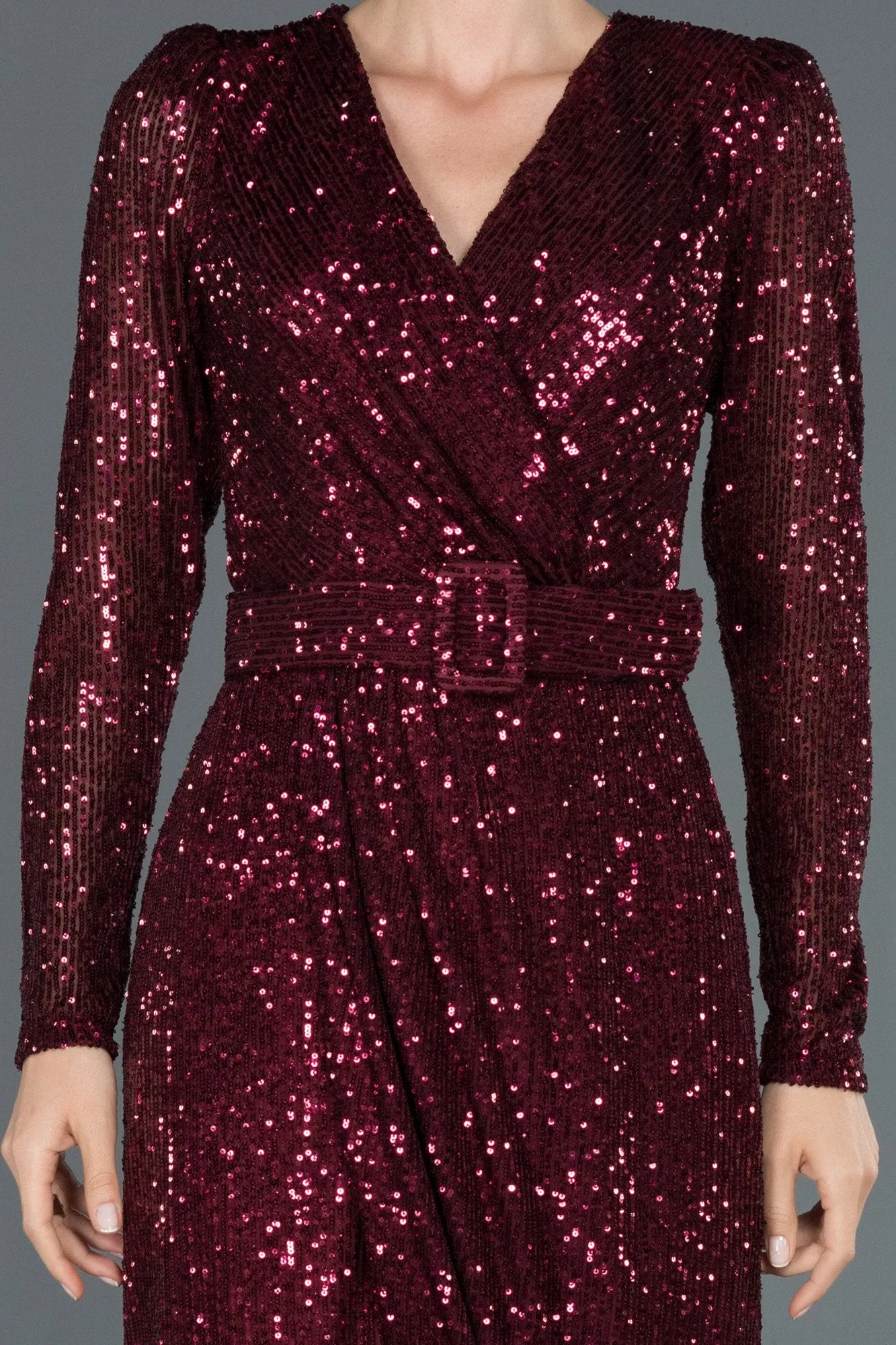 16039 Burgundy Draped Belted Sequined Dress