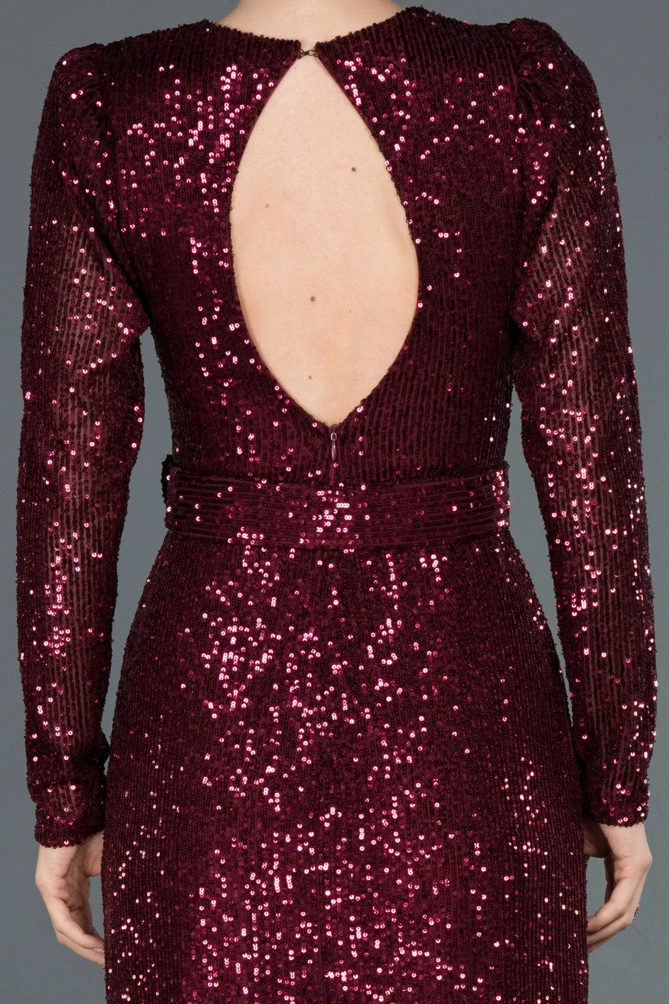 16039 Burgundy Draped Belted Sequined Dress