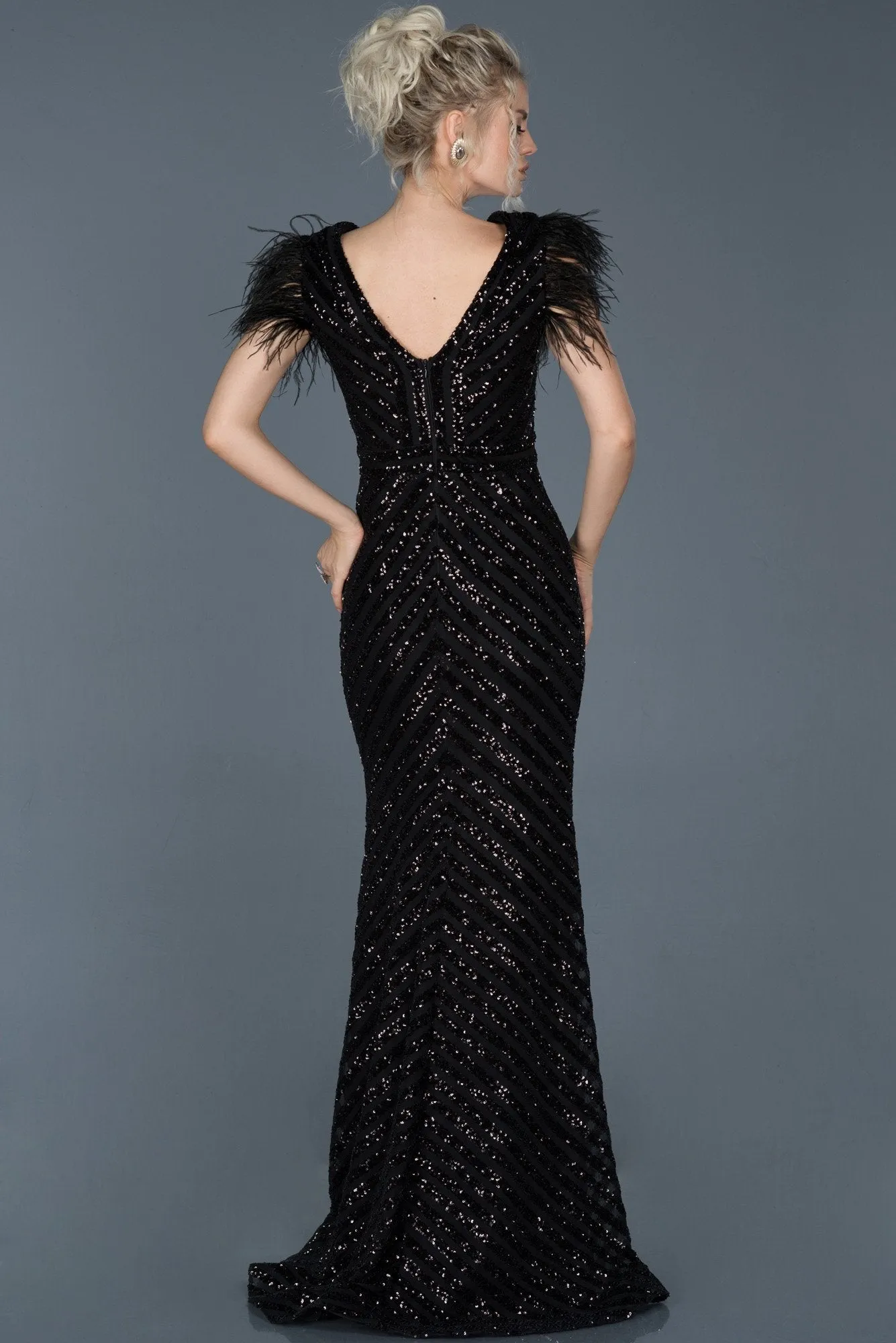 16074 Black Feather Detail Sequined Dress