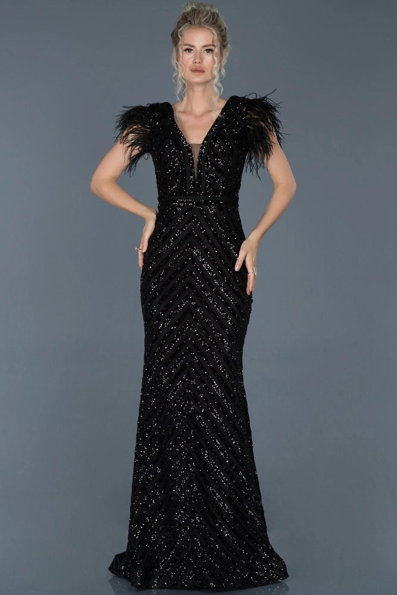 16074 Black Feather Detail Sequined Dress