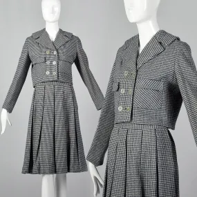 1960s Navy Blue Houndstooth Skirt Set