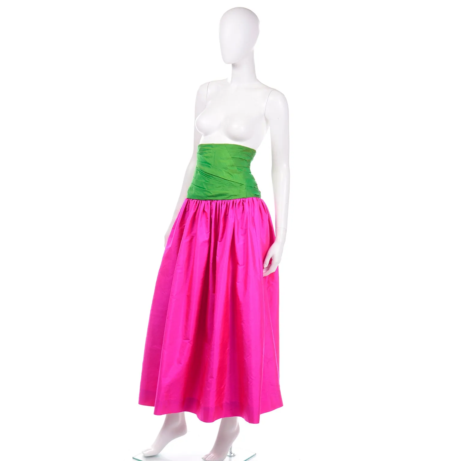 1980s Vintage Pink and Green Silk Ultra High Waist Long Evening Skirt