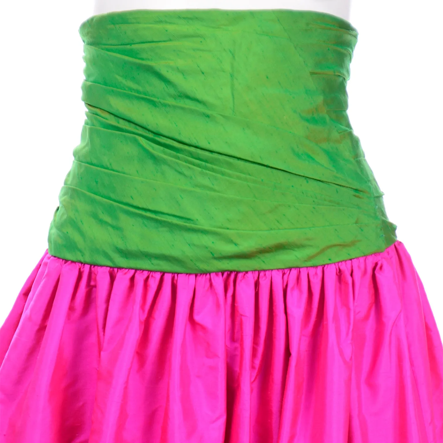 1980s Vintage Pink and Green Silk Ultra High Waist Long Evening Skirt