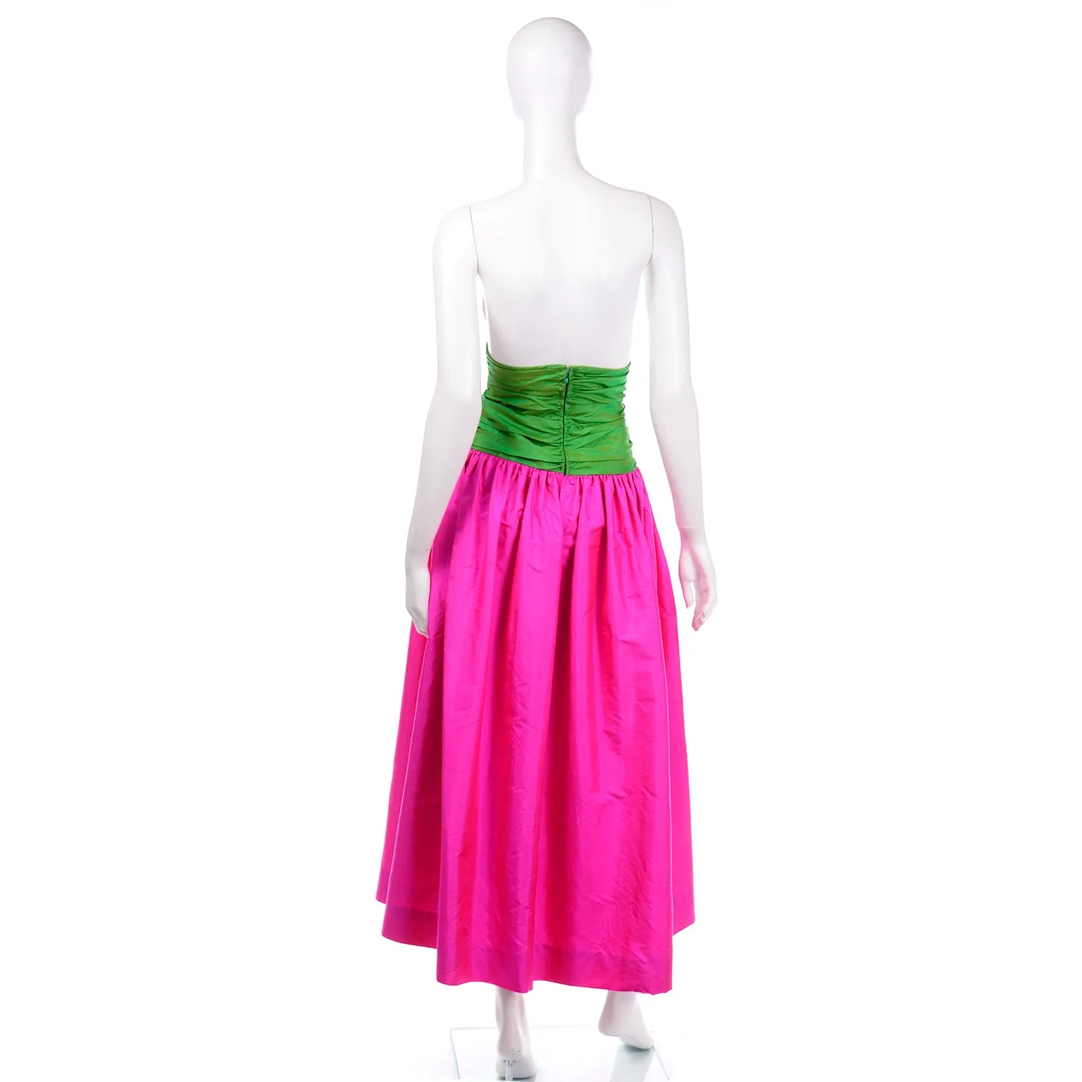 1980s Vintage Pink and Green Silk Ultra High Waist Long Evening Skirt