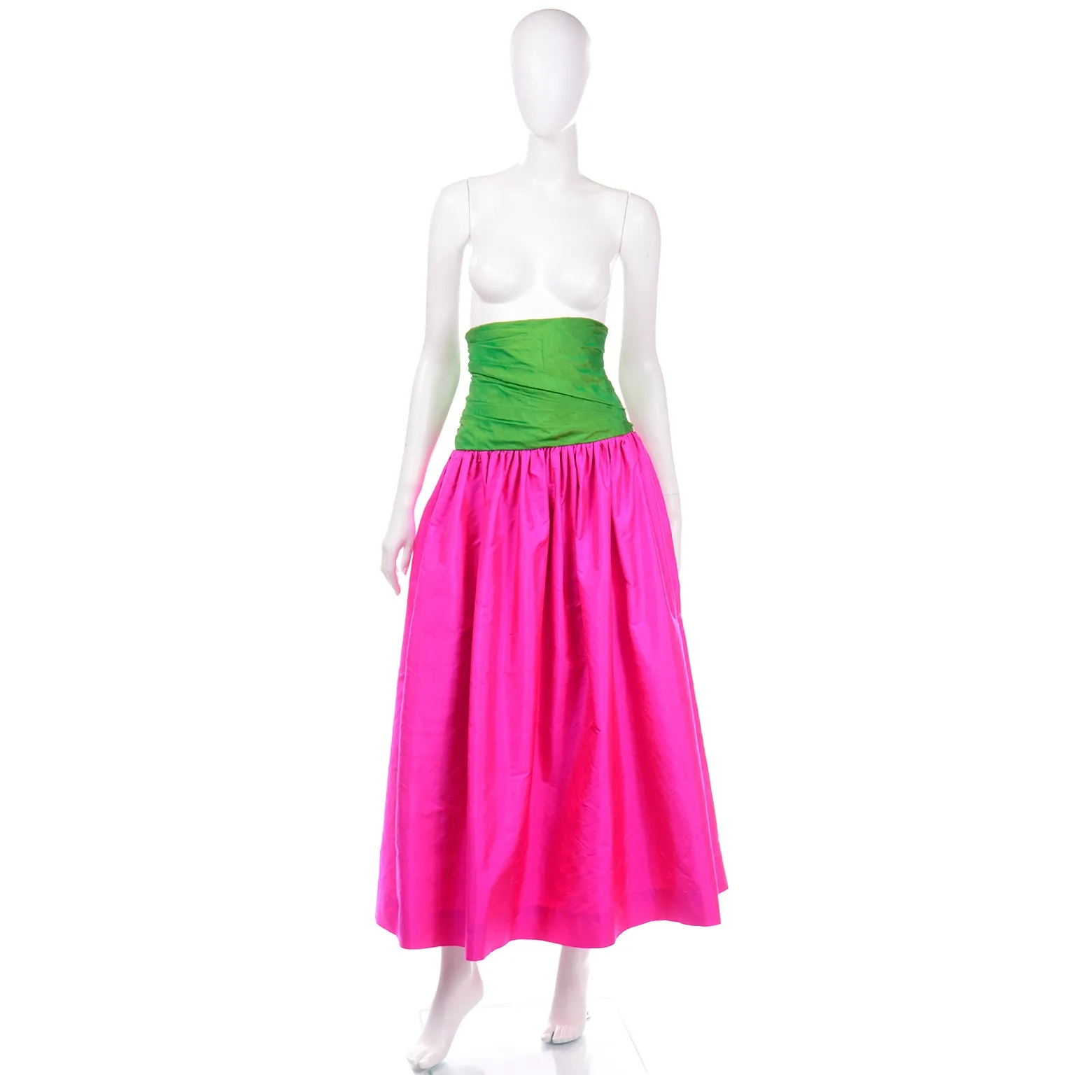 1980s Vintage Pink and Green Silk Ultra High Waist Long Evening Skirt