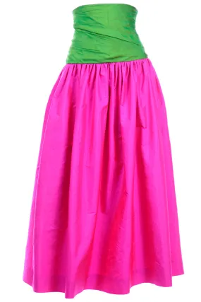 1980s Vintage Pink and Green Silk Ultra High Waist Long Evening Skirt