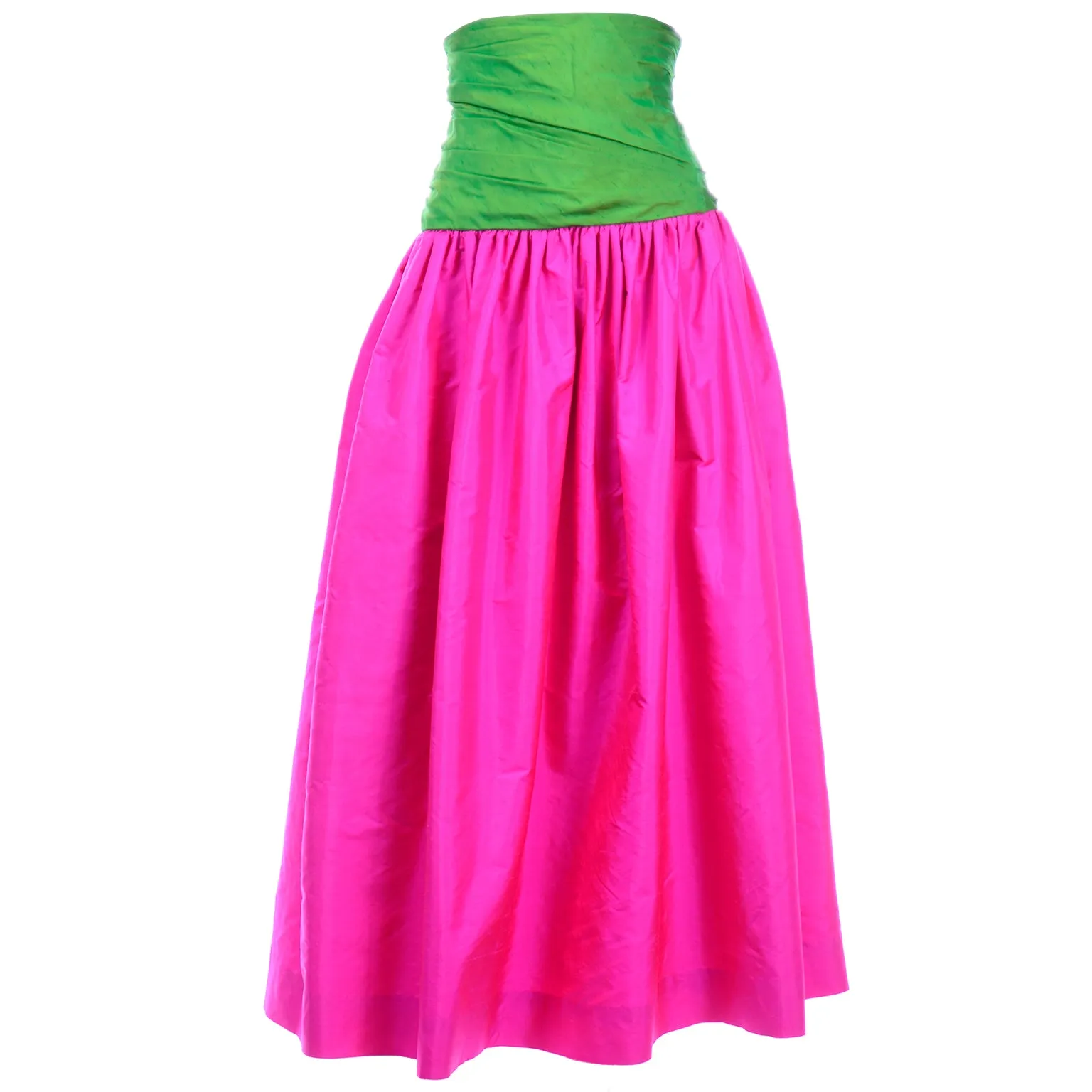 1980s Vintage Pink and Green Silk Ultra High Waist Long Evening Skirt