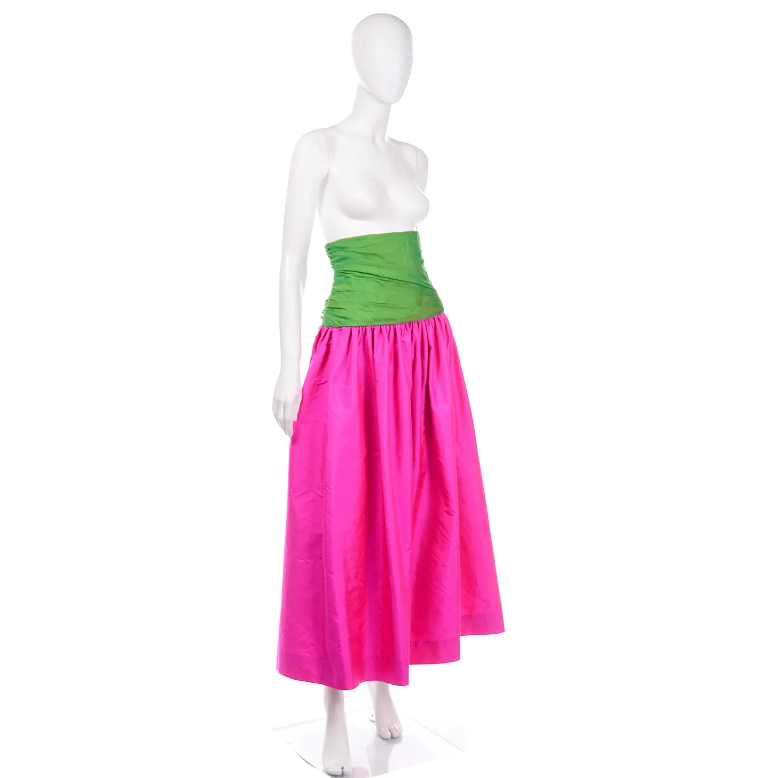 1980s Vintage Pink and Green Silk Ultra High Waist Long Evening Skirt