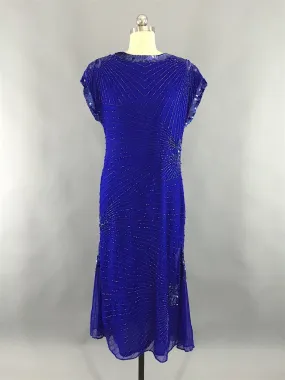 1980s Vintage Royal Blue Art Deco Beaded Trophy Cocktail Dress