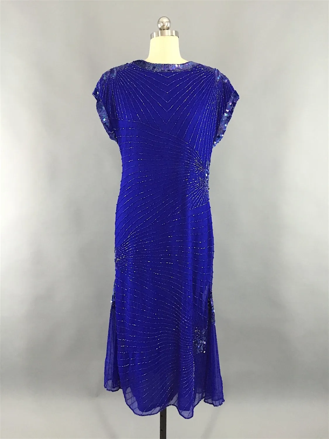 1980s Vintage Royal Blue Art Deco Beaded Trophy Cocktail Dress