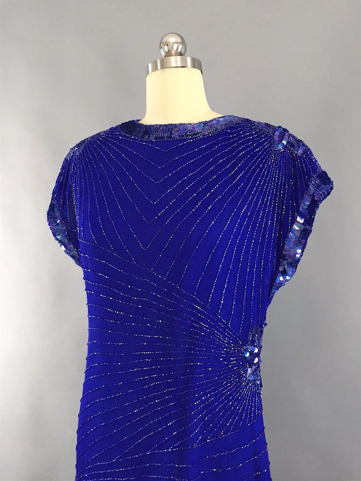 1980s Vintage Royal Blue Art Deco Beaded Trophy Cocktail Dress