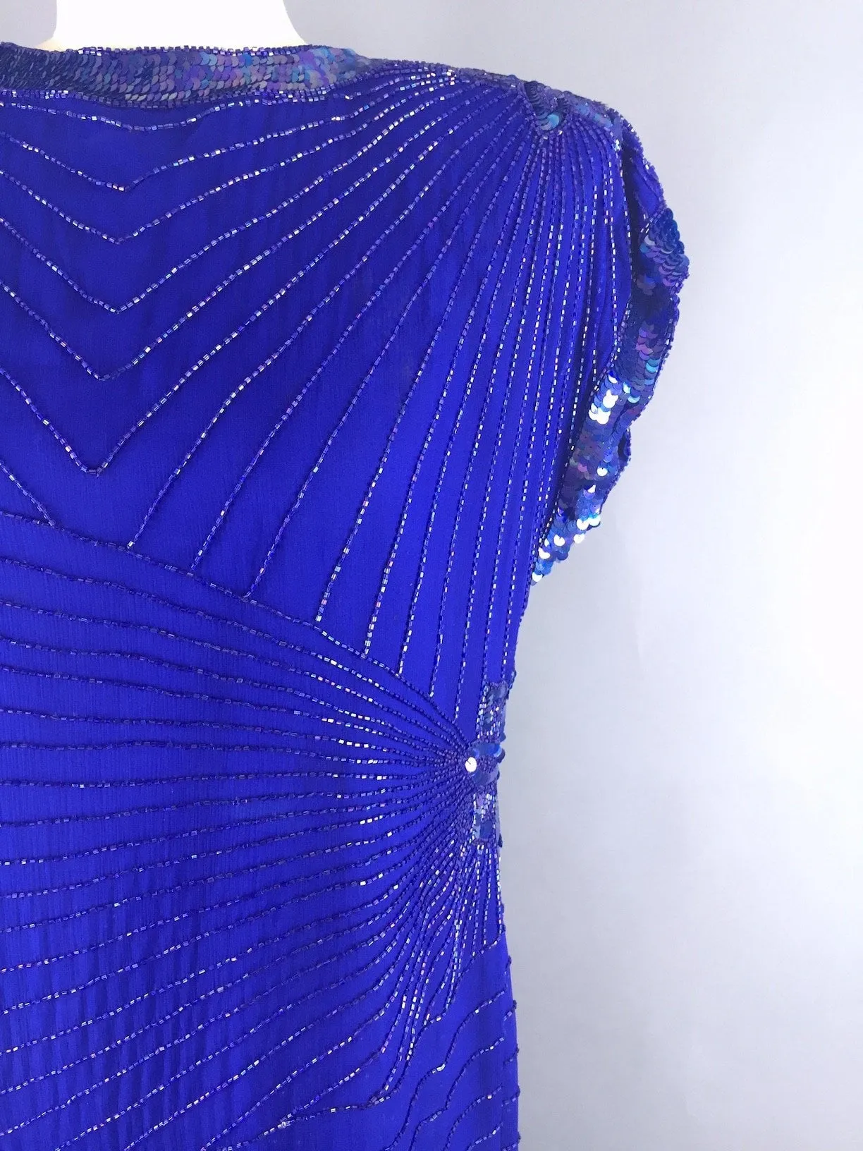 1980s Vintage Royal Blue Art Deco Beaded Trophy Cocktail Dress