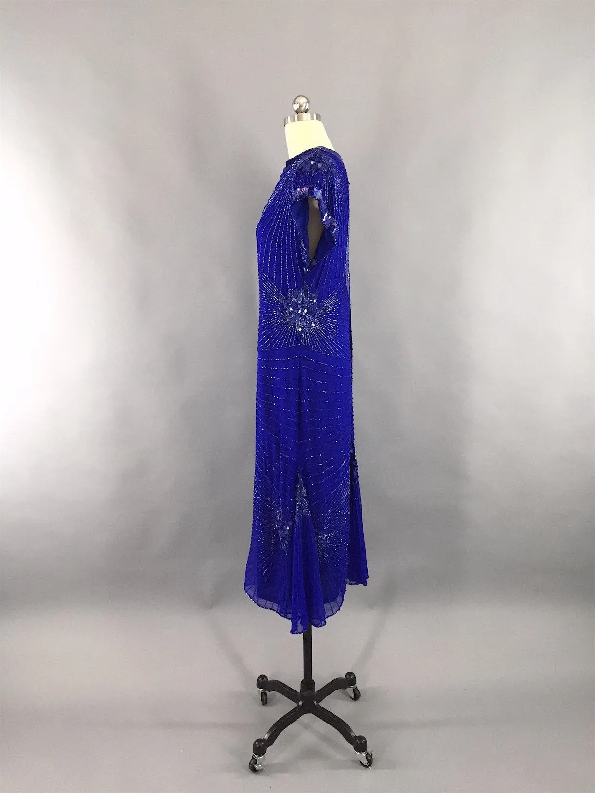 1980s Vintage Royal Blue Art Deco Beaded Trophy Cocktail Dress