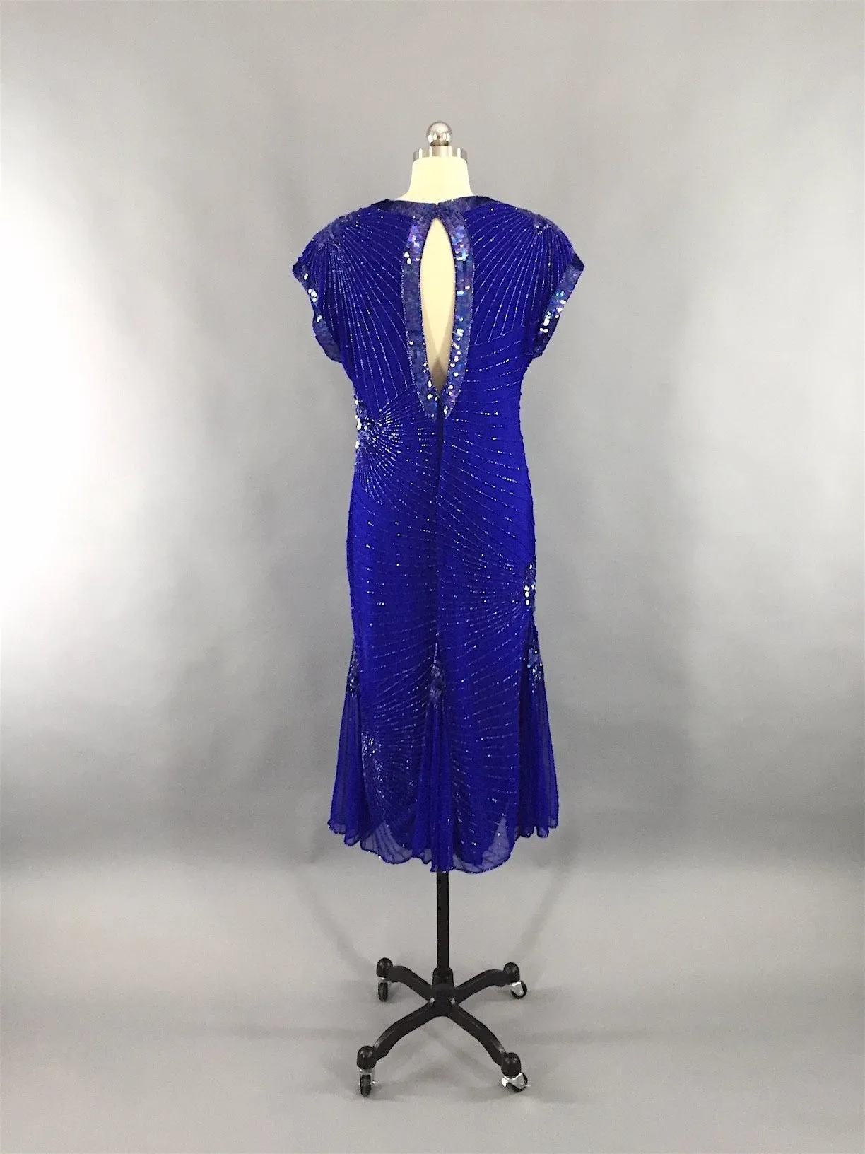 1980s Vintage Royal Blue Art Deco Beaded Trophy Cocktail Dress