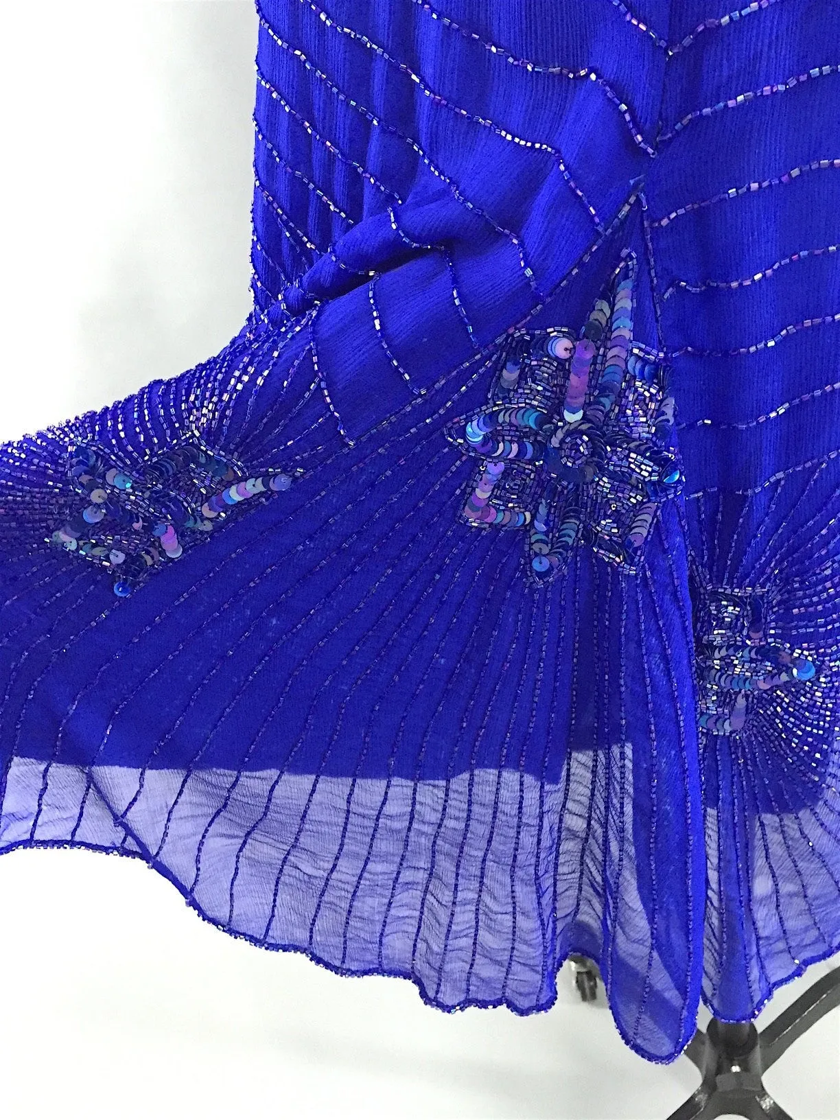 1980s Vintage Royal Blue Art Deco Beaded Trophy Cocktail Dress